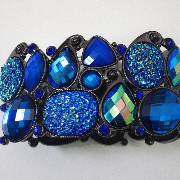 Iridescent Blue Jewel Druzy Big Stretch Bangle Statement Bracelet - Picture 5 of 5